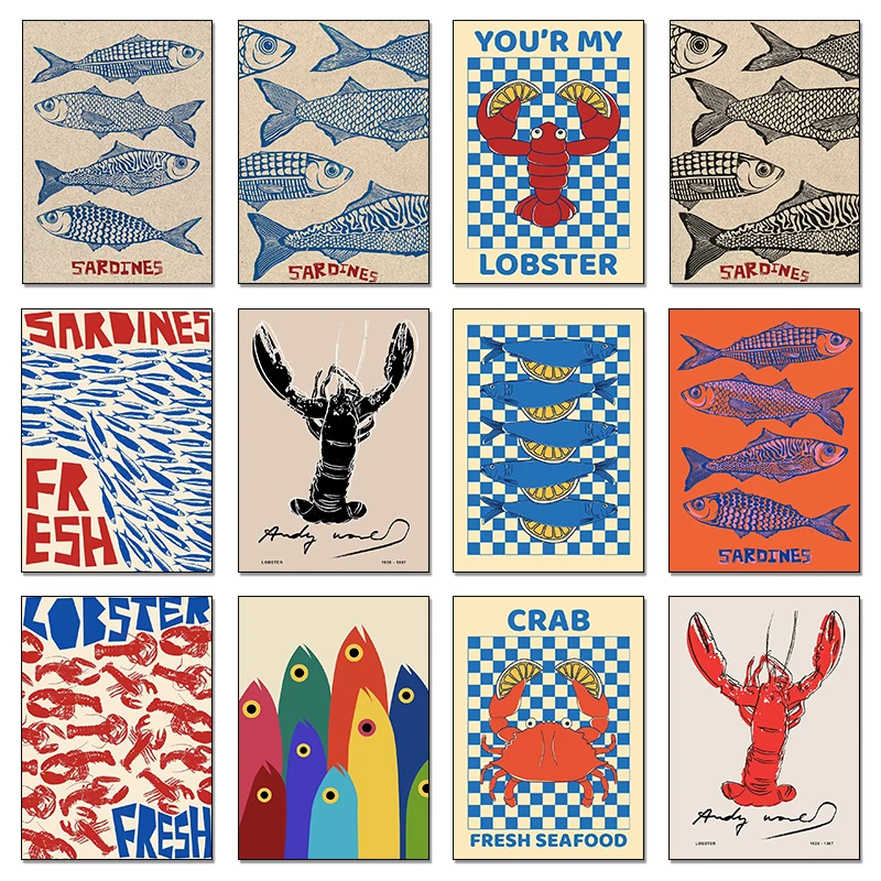 Resin Art Wall - Kleurrijke Sardine Kreeft Krab Vis Oceaan